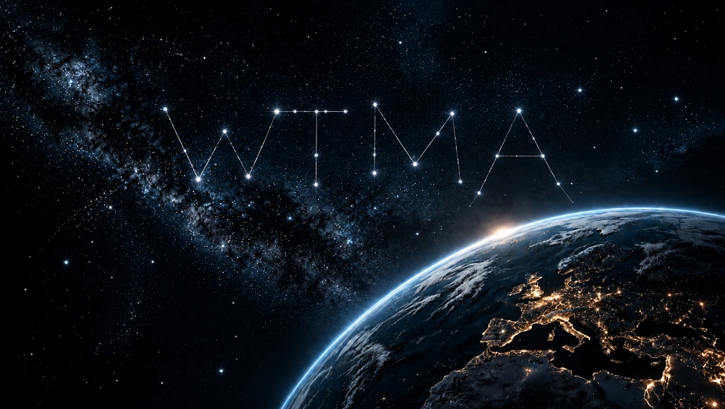 Космический вид ночной Земли и созвездие WTMA